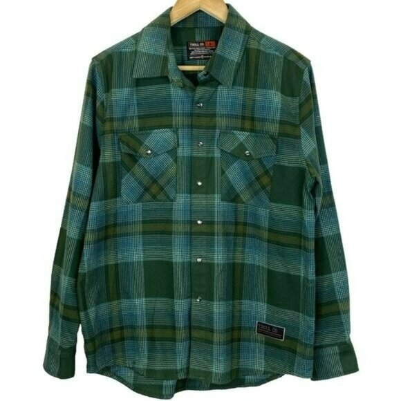 Troll Co Flannel Shirt Mens Size Small Pearl Snap Plaid Shacket Plaid Green Work - Picture 1 of 5